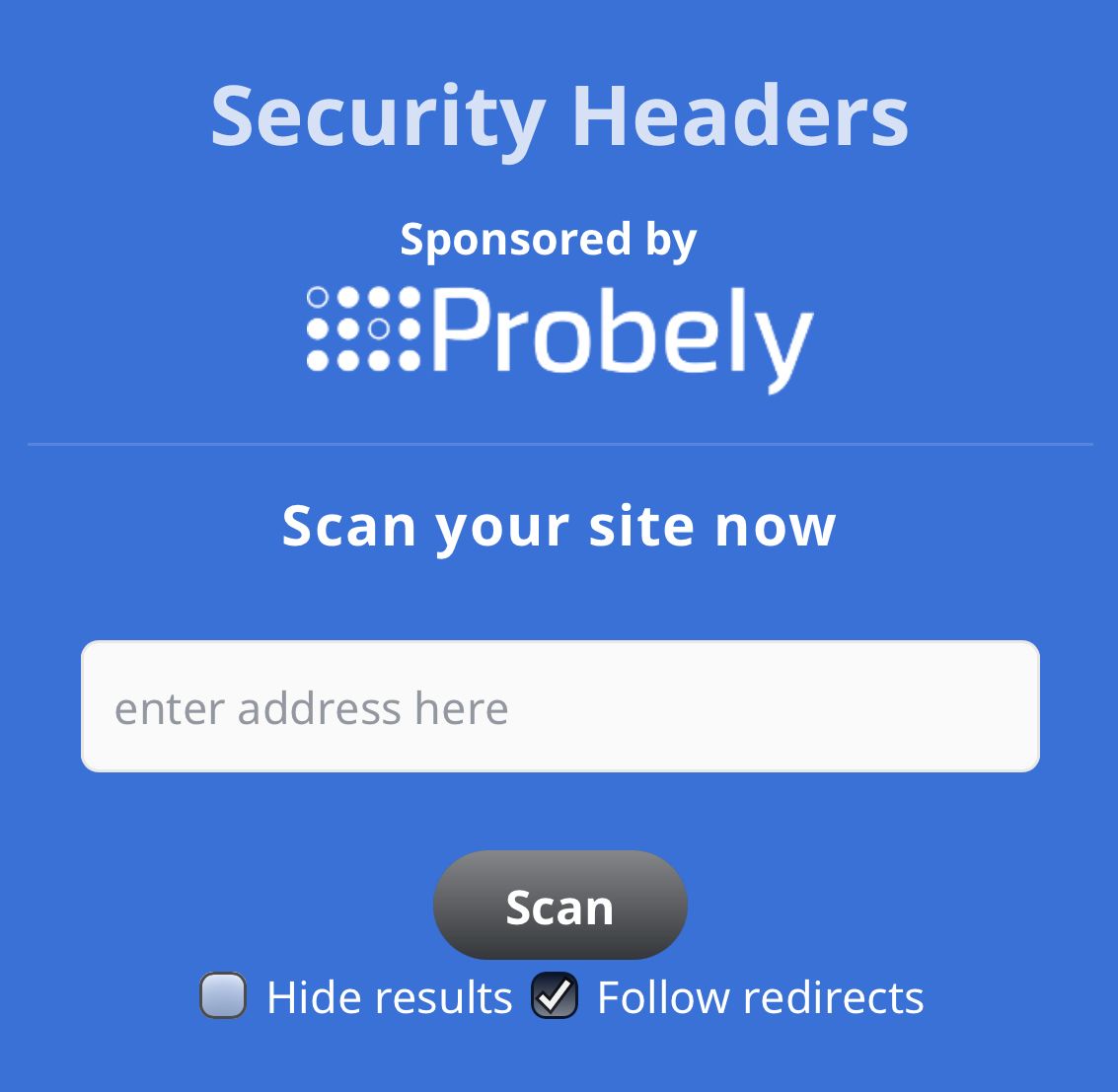 A screenshot of the mobile version of securityheaders.com. It shows an input field for the website and scan button.