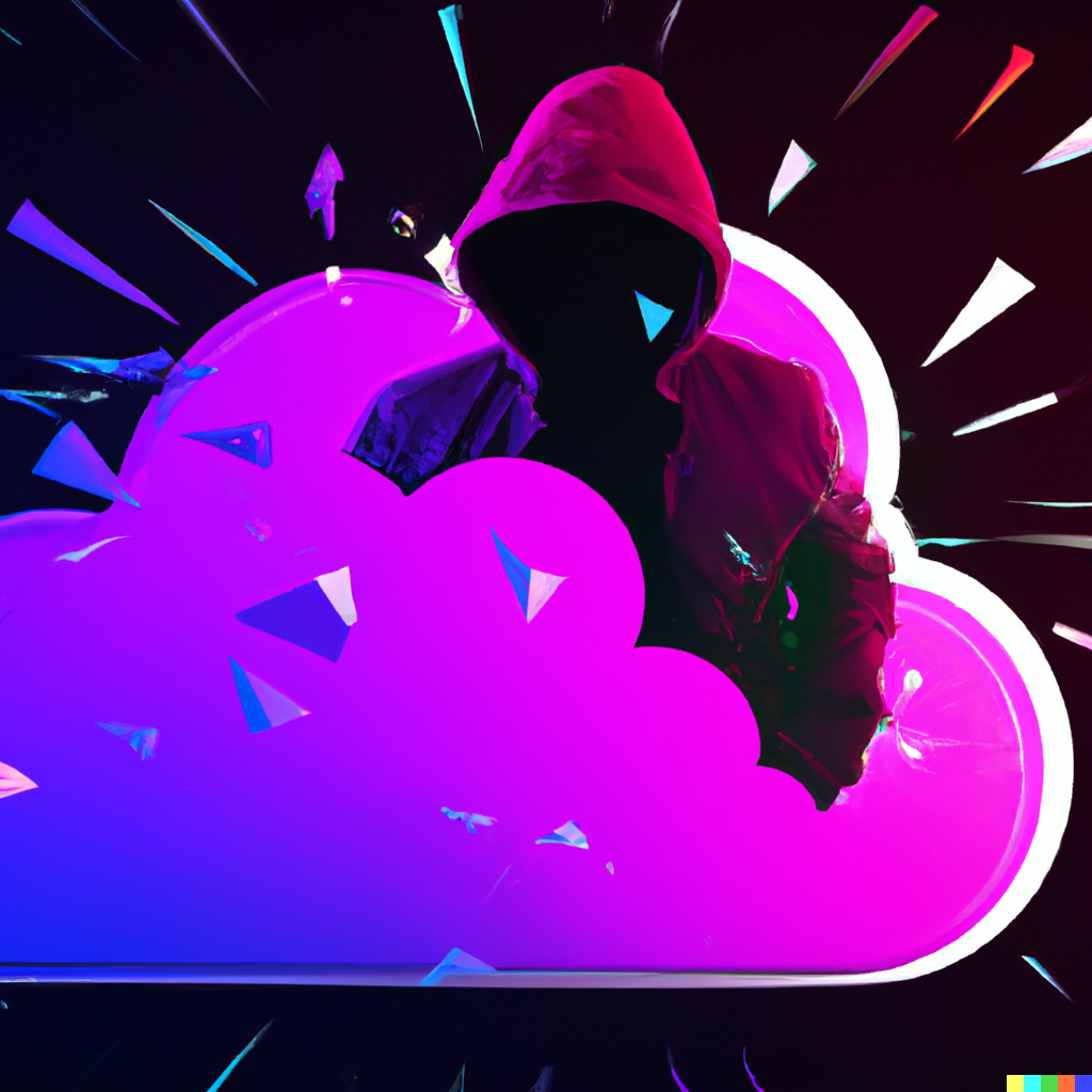 An AI generated picture of a hacker standing in an exploding colorful cloud