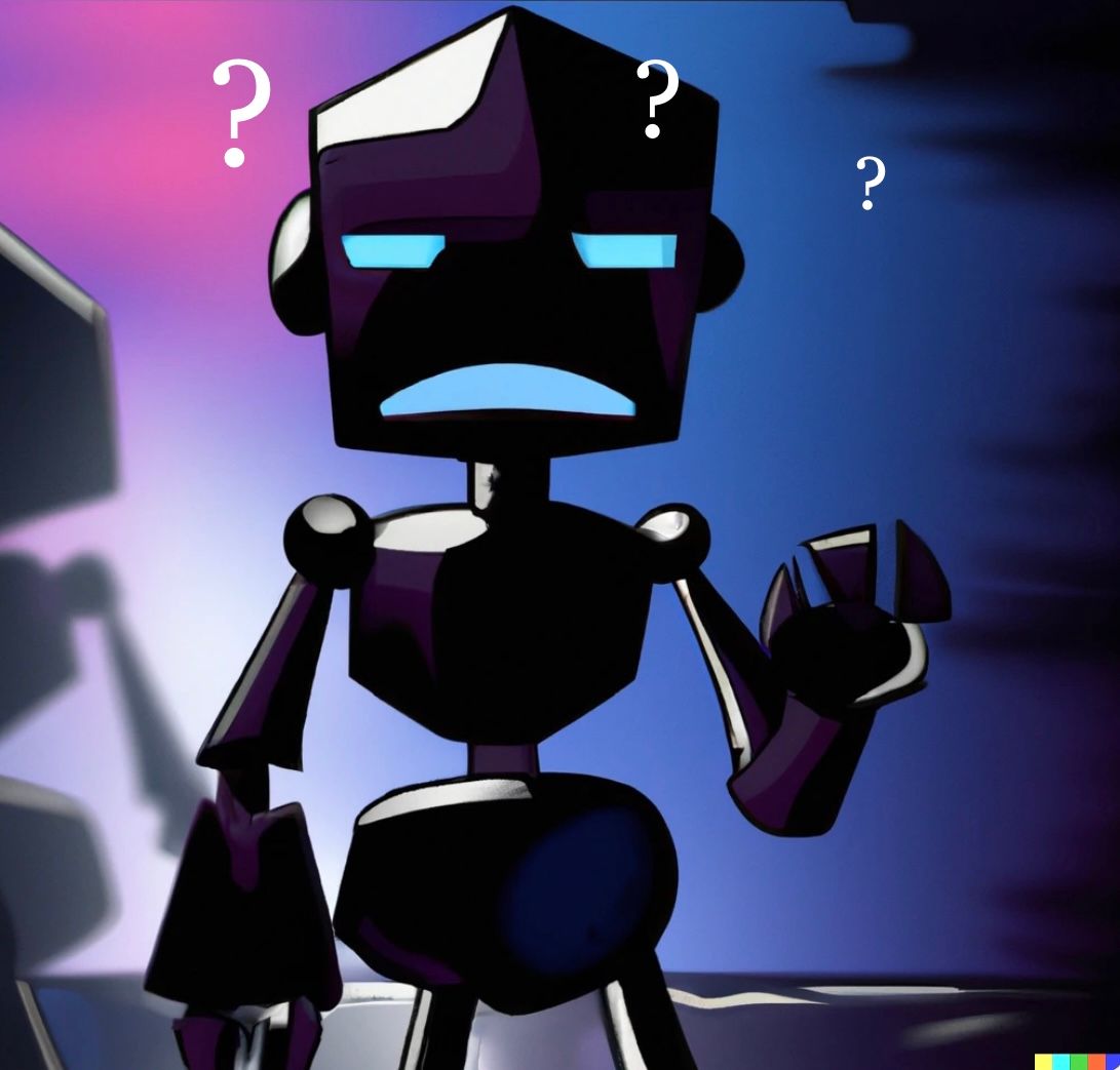 A confused looking robot with question marks around its head